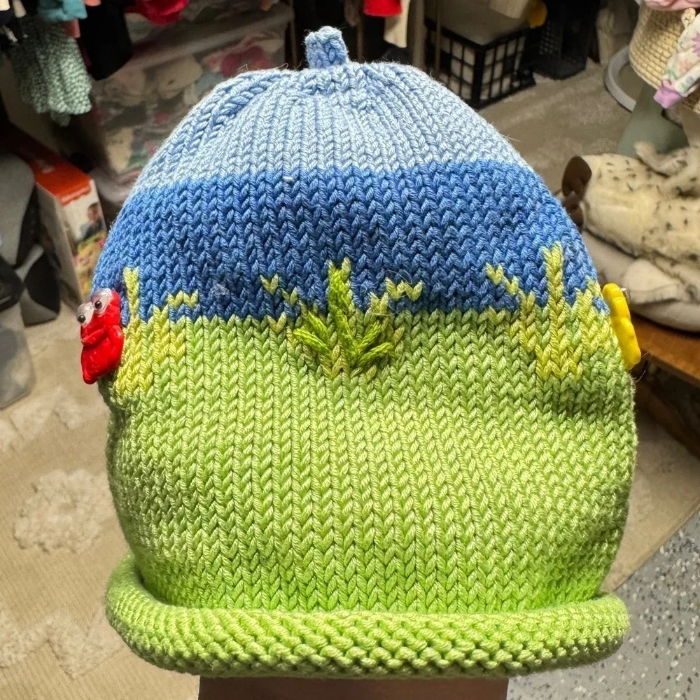 Baby Knit Hat With Frog Appliqué